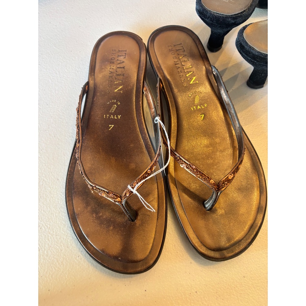 Bronze Metallic Leather Sandals Sequin Thong Low Wedge Italian Shoemakers 7